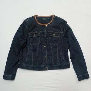 LRL Lauren Ralph Dark Denim Jean Jacket Leather Trim Collarless XL
